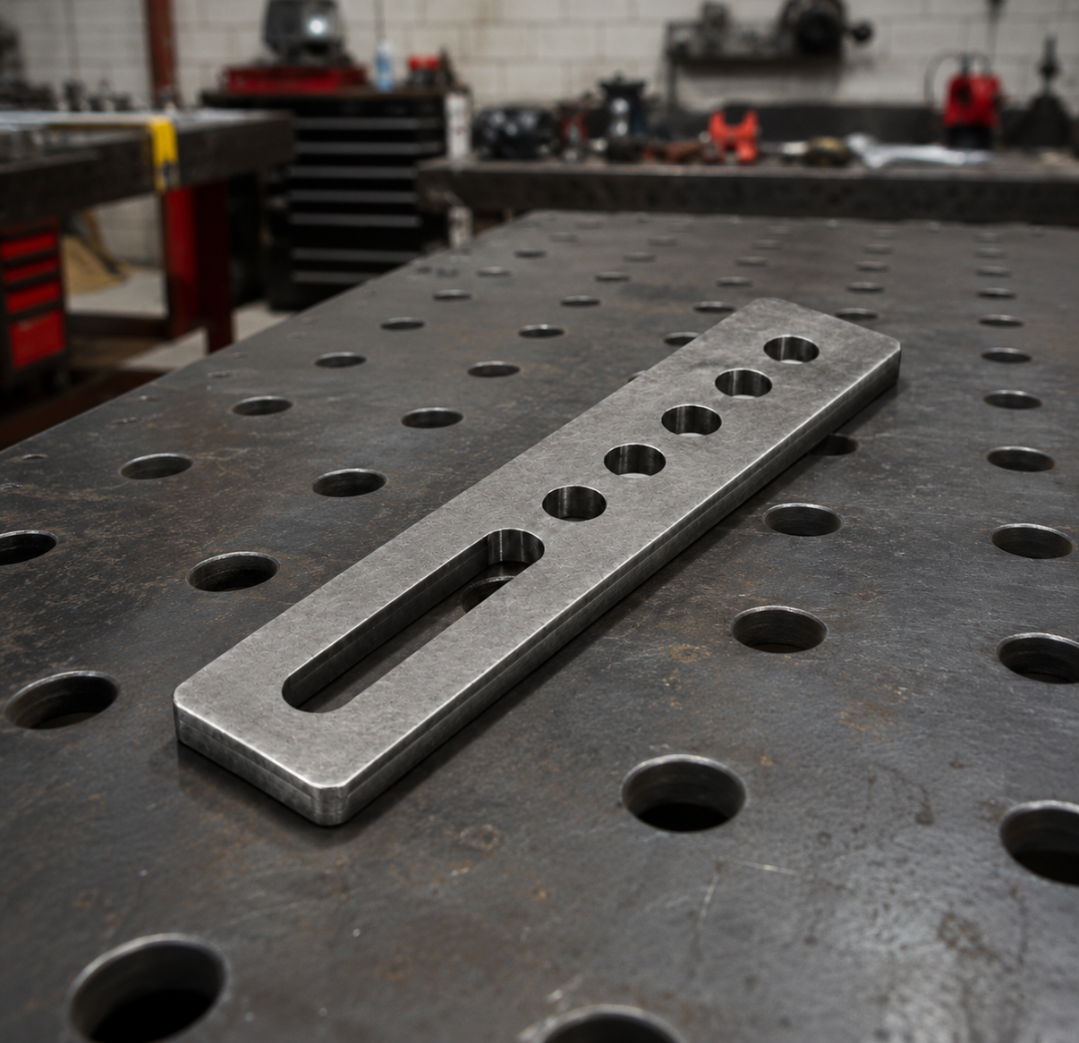 Tope Modular AcuWeld 25x5 cm – sobre mesa de soldadura en taller